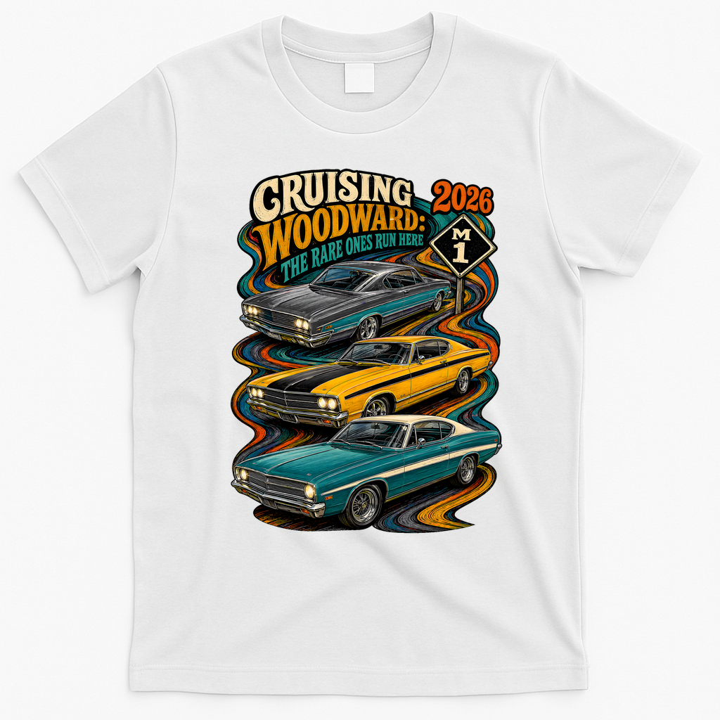 Cruising Woodward 2026 Rare Classic Car Artwork T-Shirt - White