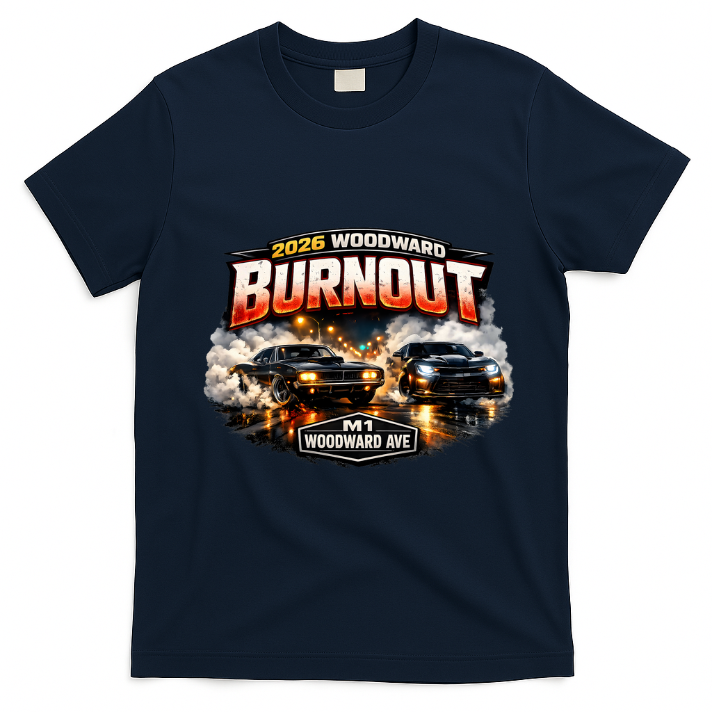2026 Burnout Cruising Woodward Priceless Traffic Fines Front & Back T-Shirt - Navy Blue