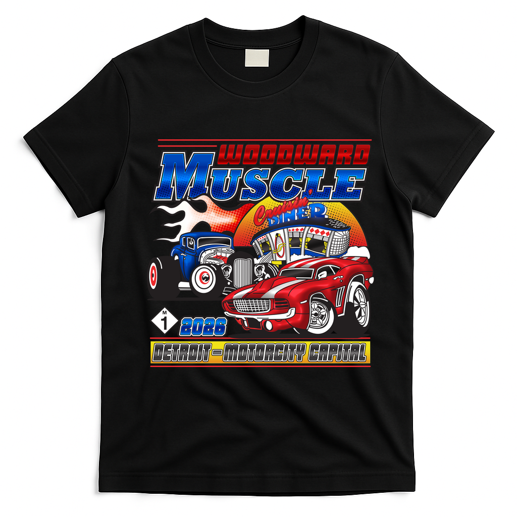 2026 Woodward Muscle M1 Cartoon Style T-Shirt - Black