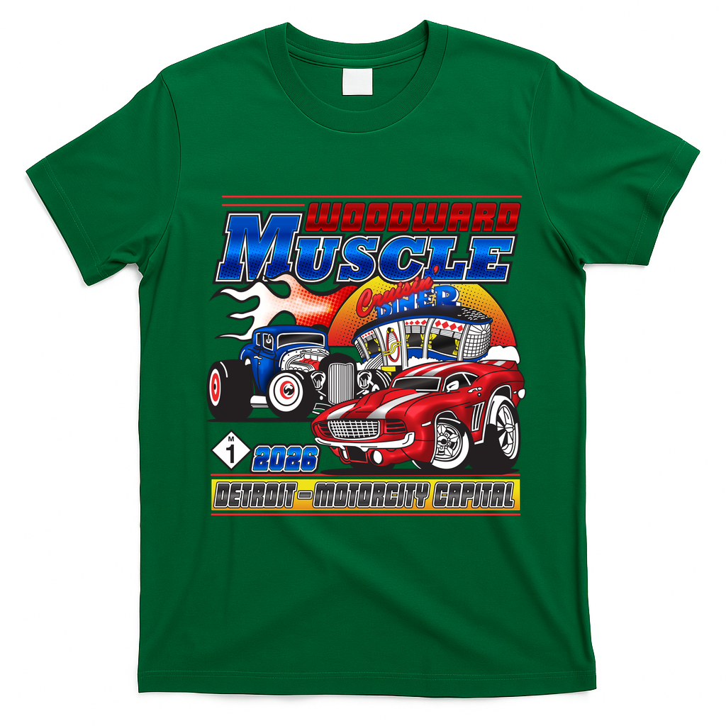 2026 Woodward Muscle M1 Cartoon Style T-Shirt - Irish Green