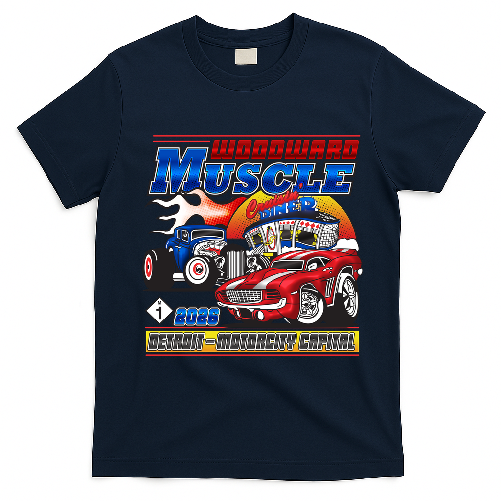 2026 Woodward Muscle M1 Cartoon Style T-Shirt - Navy Blue