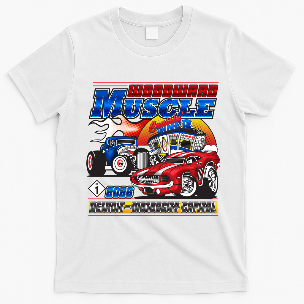 2026 Woodward Muscle M1 Cartoon Style T-Shirt - White