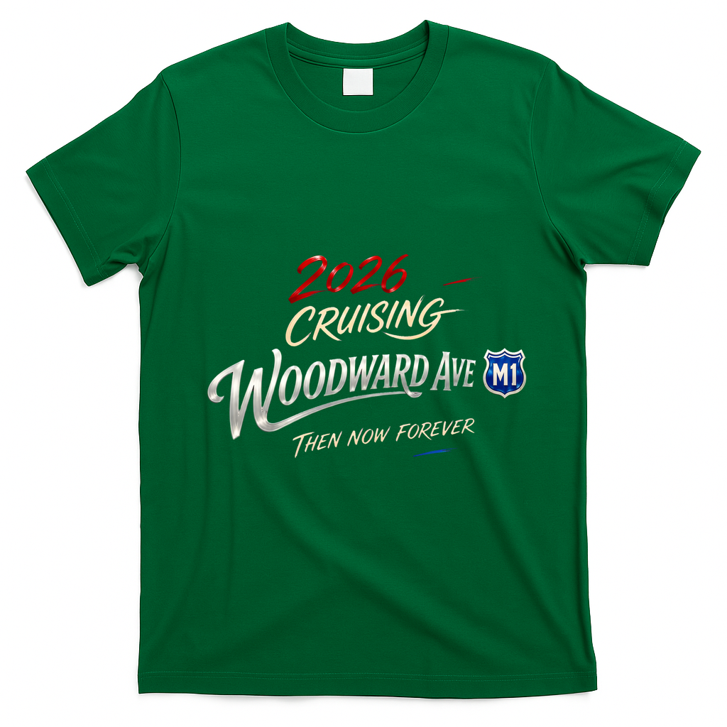 2026 Cruising Woodward Ave M1 Memories Pocket Print T-Shirt - Irish Green