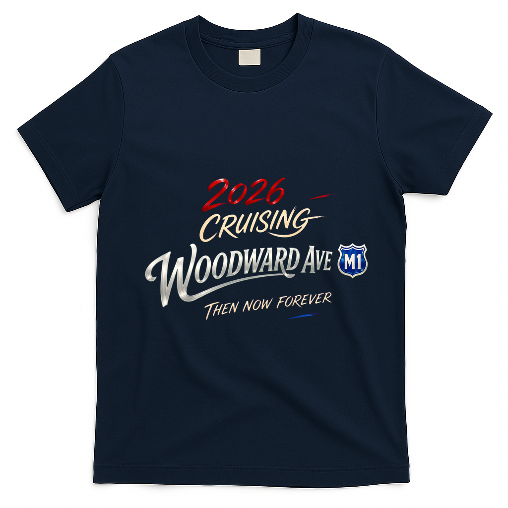 2026 Cruising Woodward Ave M1 Memories Pocket Print T-Shirt - Navy Blue
