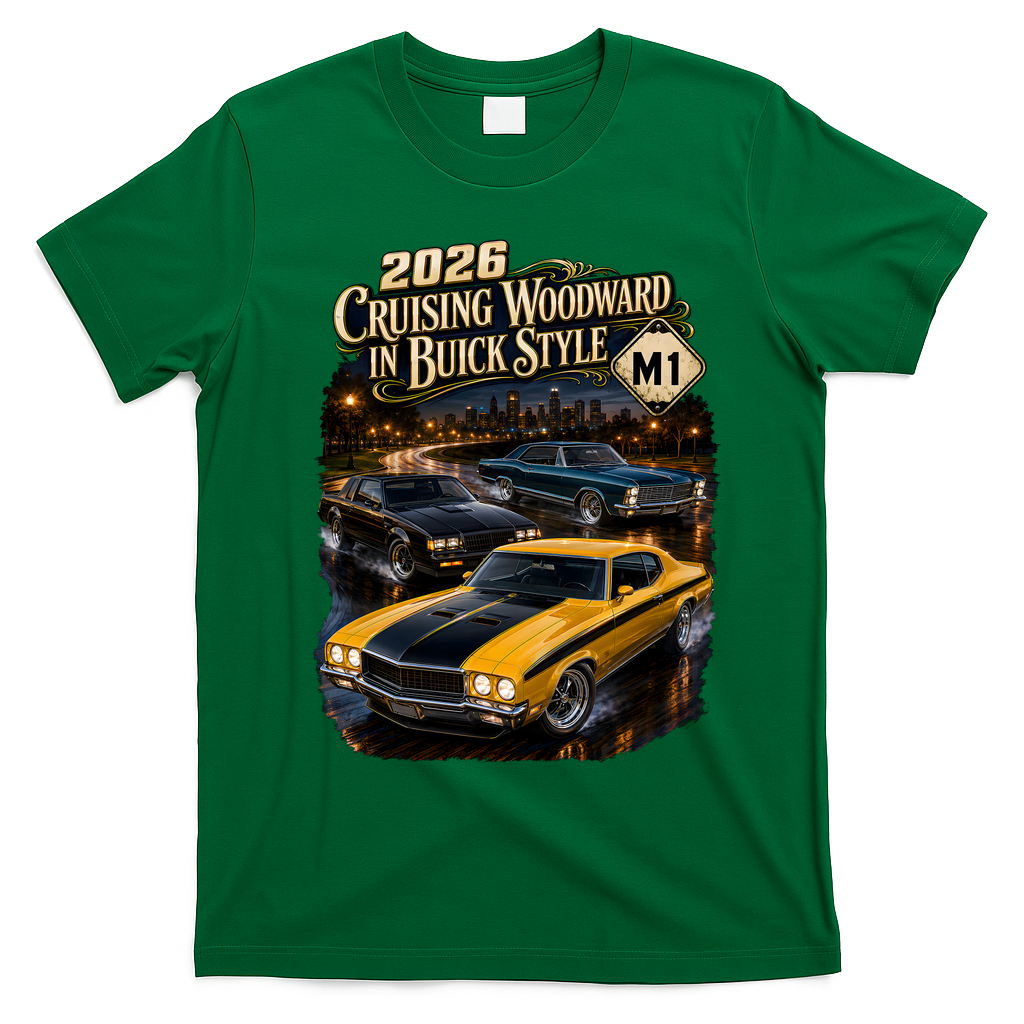 2026 Cruising Woodward In Buick Style Classic Car Art T-Shirt - Irish Green