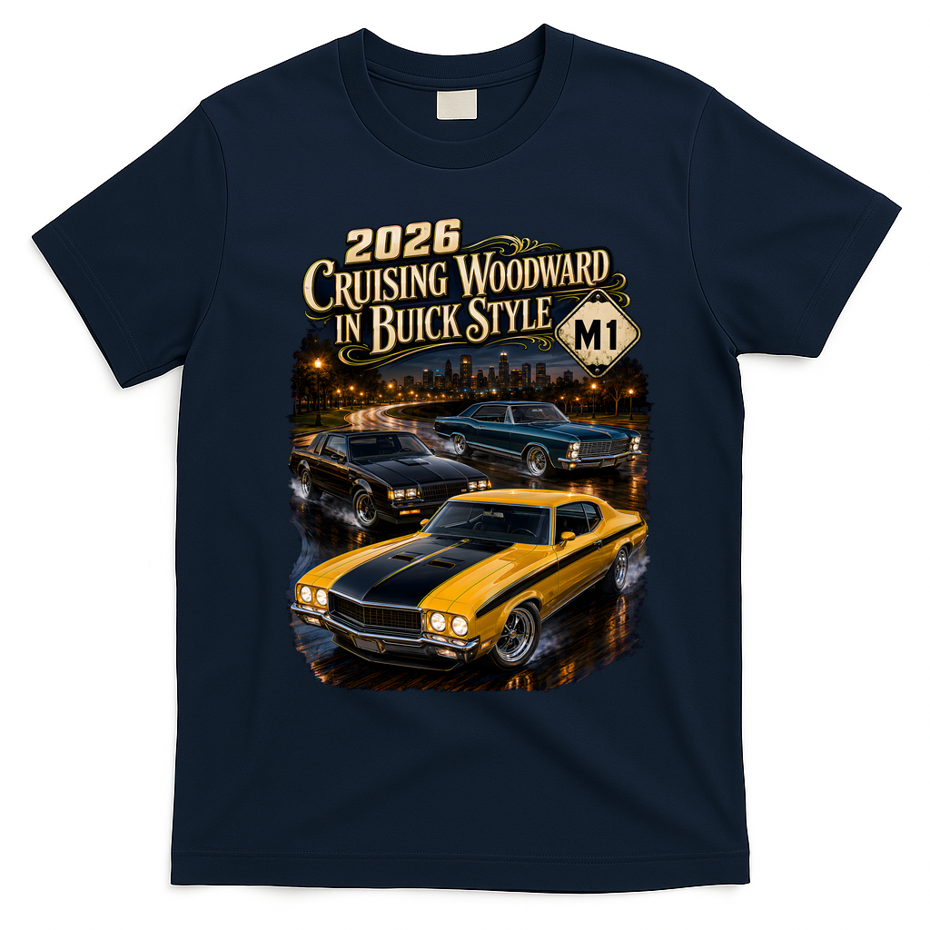 2026 Cruising Woodward In Buick Style Classic Car Art T-Shirt - Navy Blue
