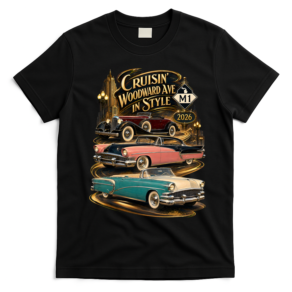 Cruisin' Woodward Ave In Style 2026 Classic Car M1 Golden Days T-Shirt - Black
