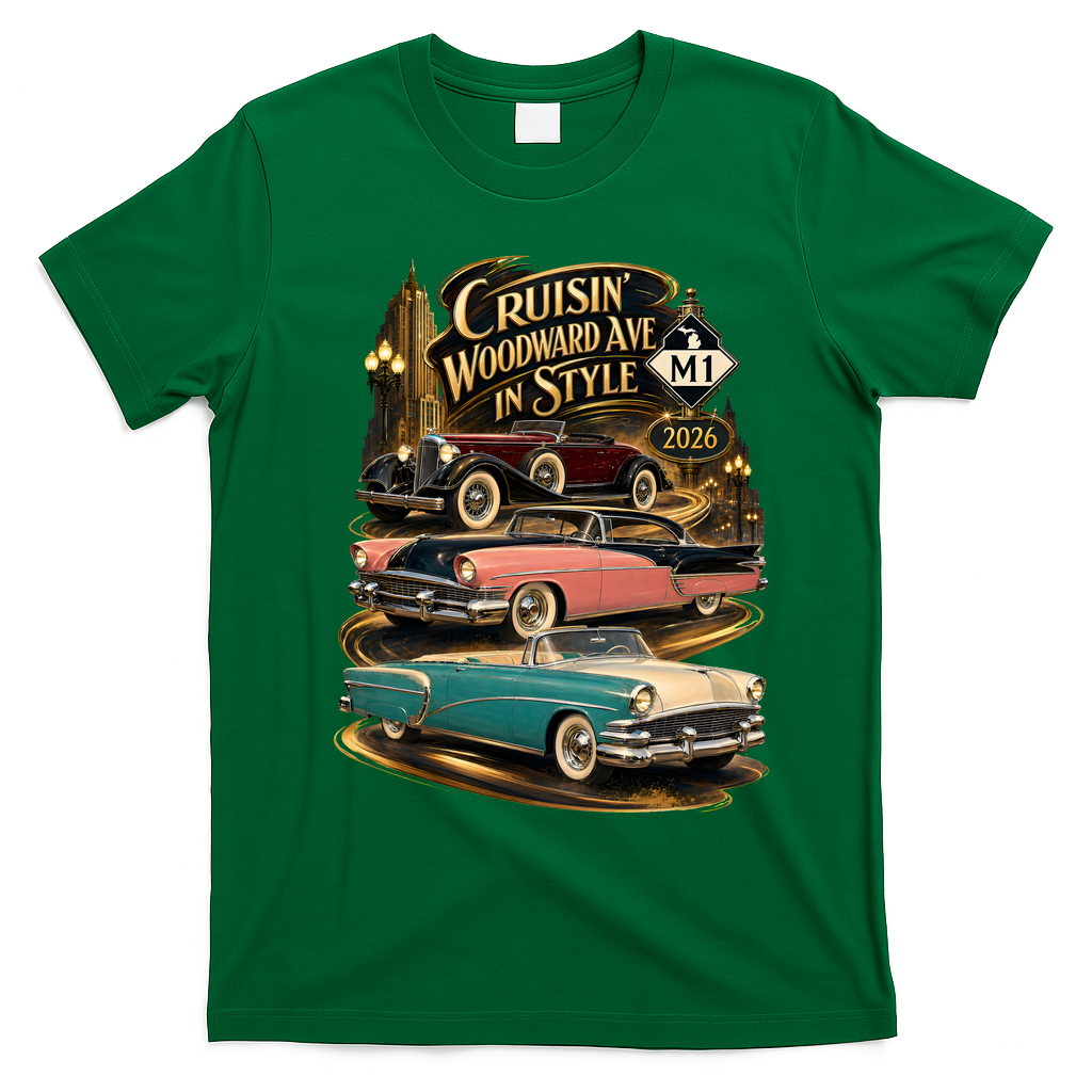 Cruisin' Woodward Ave In Style 2026 Classic Car M1 Golden Days T-Shirt - Irish Green