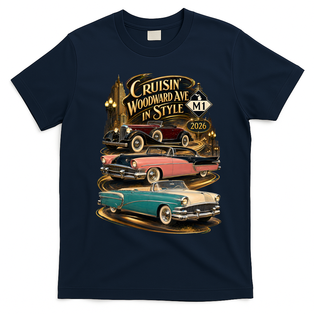 Cruisin' Woodward Ave In Style 2026 Classic Car M1 Golden Days T-Shirt - Navy Blue