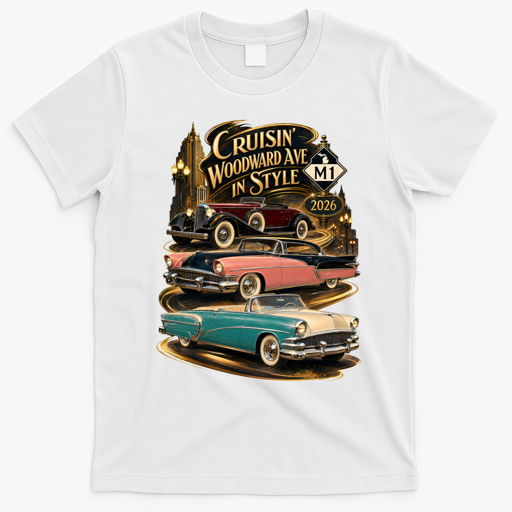 Cruisin' Woodward Ave In Style 2026 Classic Car M1 Golden Days T-Shirt - White