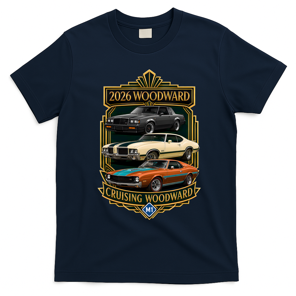 2026 Woodward Cruising Car Event Michigan M1 T-Shirt - Navy Blue