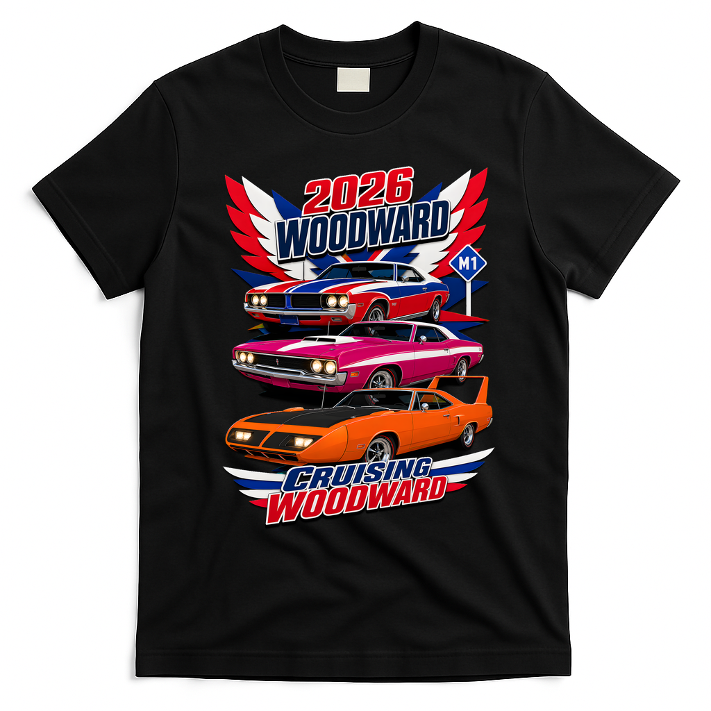 2026 Woodward Cruising Vintage Muscle Cars M1 T-Shirt - Black