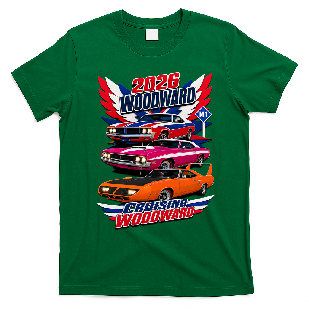 2026 Woodward Cruising Vintage Muscle Cars M1 T-Shirt - Irish Green