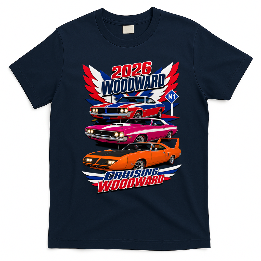 2026 Woodward Cruising Vintage Muscle Cars M1 T-Shirt - Navy Blue