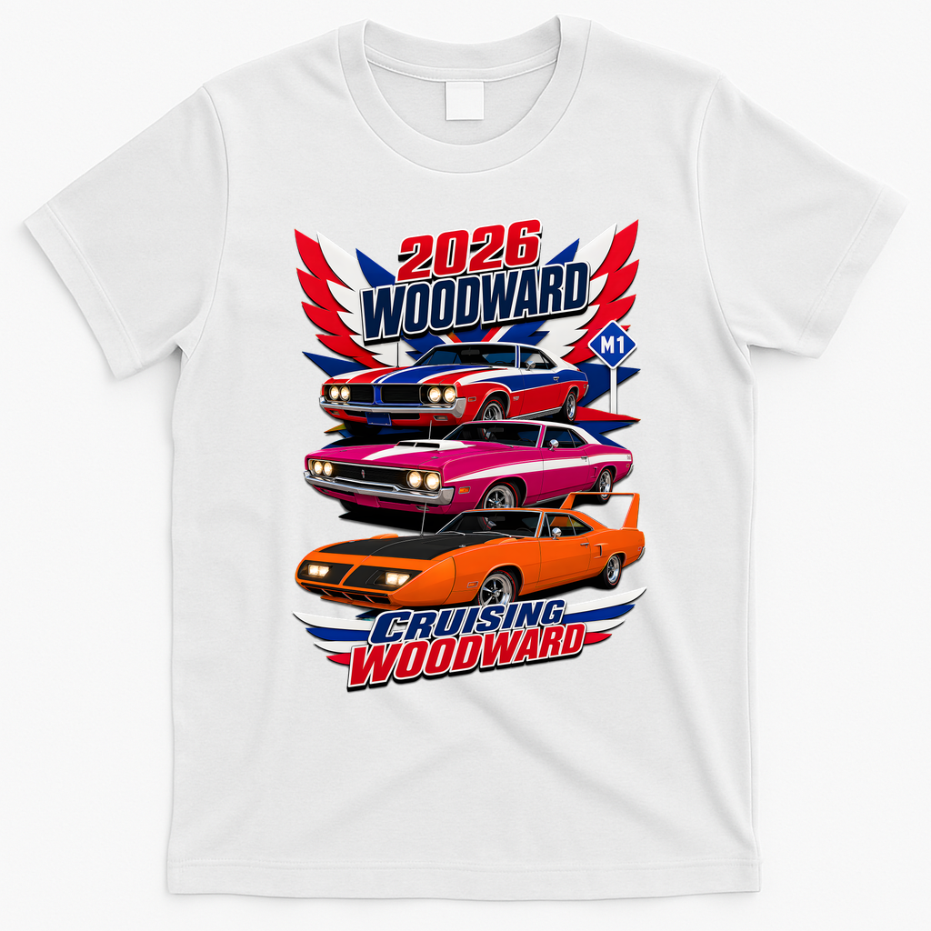 2026 Woodward Cruising Vintage Muscle Cars M1 T-Shirt - White