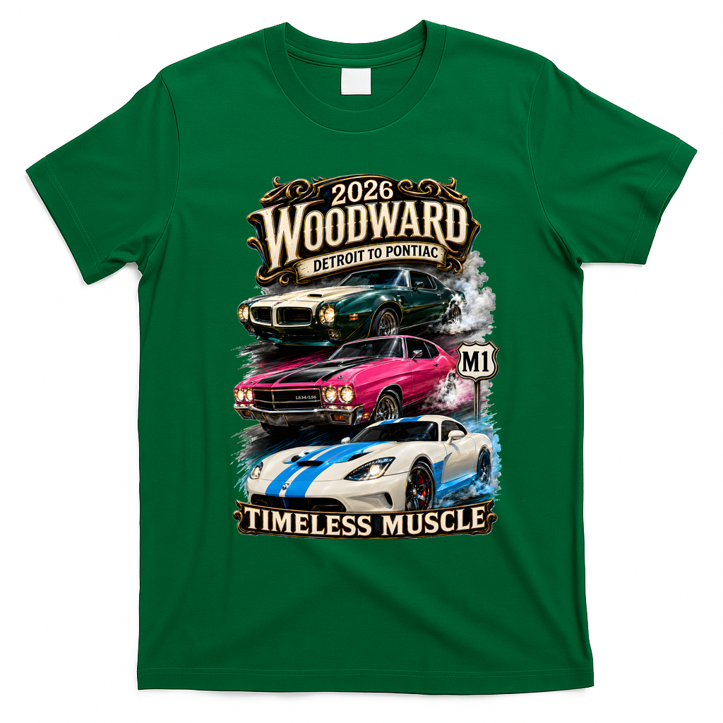 2026 Woodward Timeless Muscle M1 Car Cruise T-Shirt - Irish Green