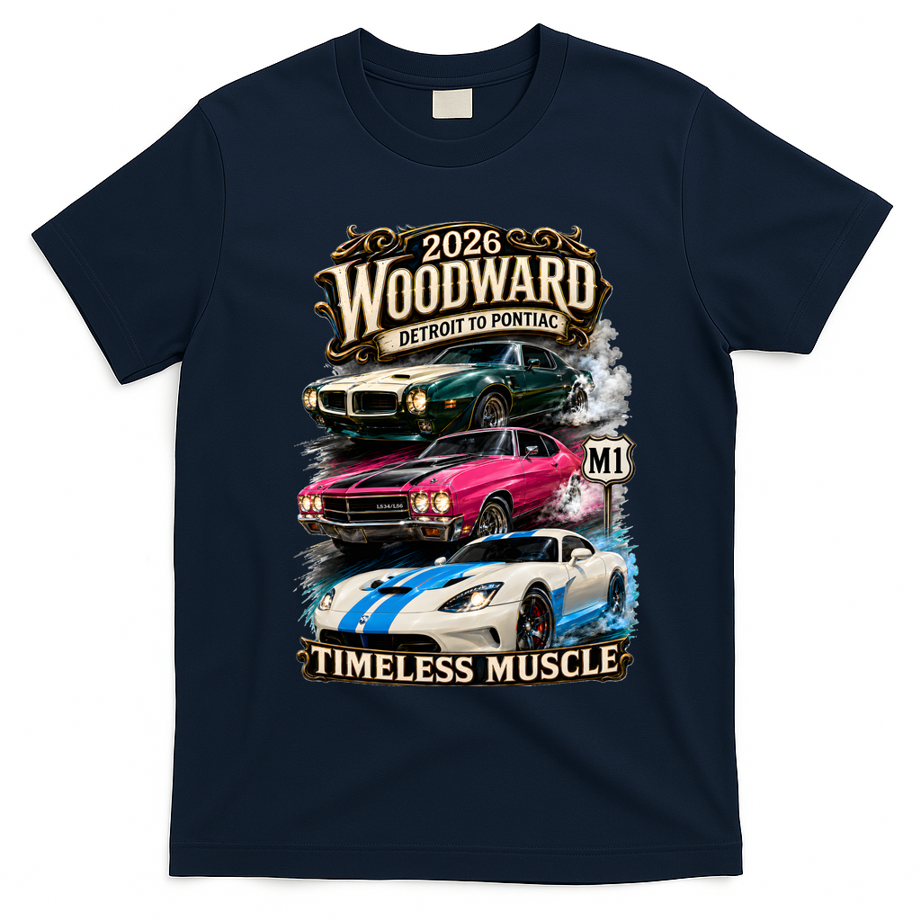 2026 Woodward Timeless Muscle M1 Car Cruise T-Shirt - Navy Blue