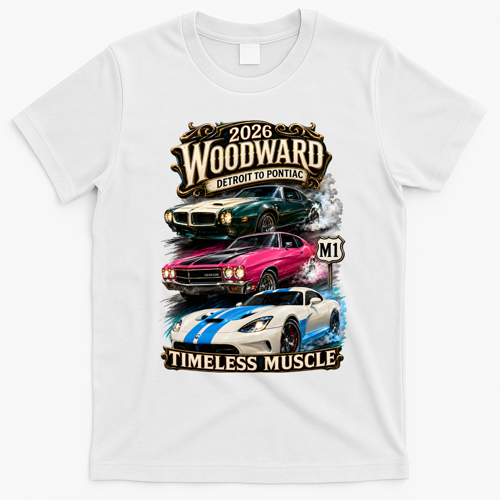 2026 Woodward Timeless Muscle M1 Car Cruise T-Shirt - White