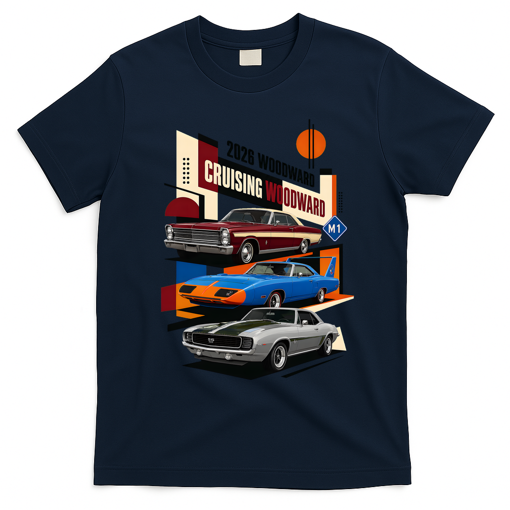Cruising Woodward 2026 Vintage Car Cruise M1 T-Shirt - Navy Blue