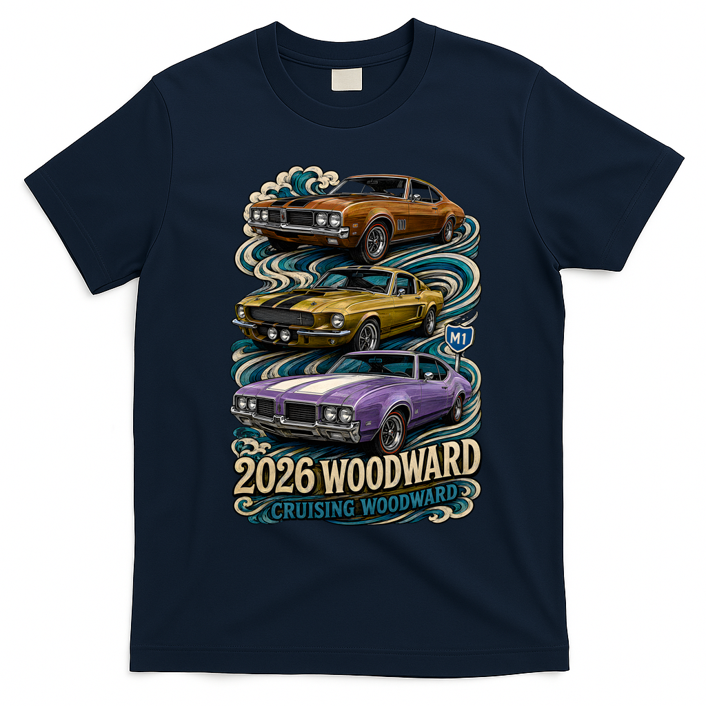 2026 Woodward Cruising Vintage Classic Cars T-Shirt - Navy Blue