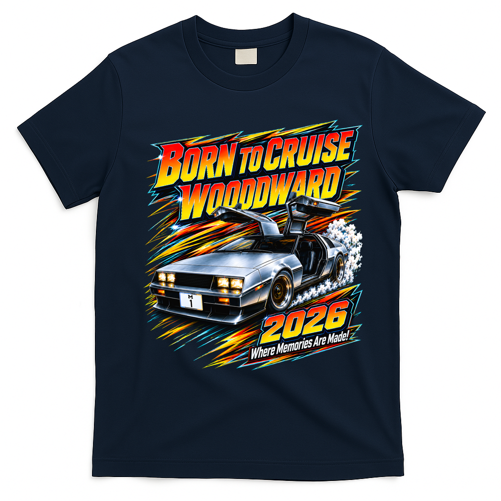 Born to Cruise Woodward 2026 Retro Car Enthusiast Artwork T-Shirt - Navy Blue