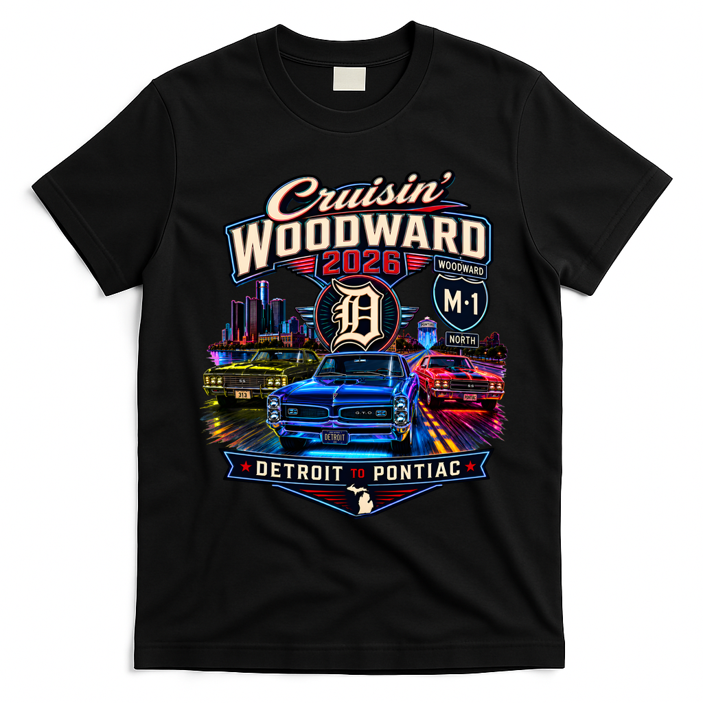 Cruisin' Woodward M1 2026 Detroit To Pontiac Neon T-Shirt - Black
