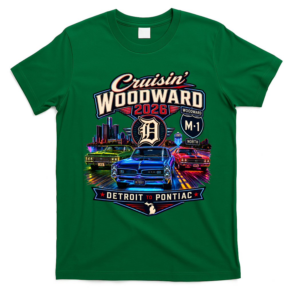 Cruisin' Woodward M1 2026 Detroit To Pontiac Neon T-Shirt - Irish Green