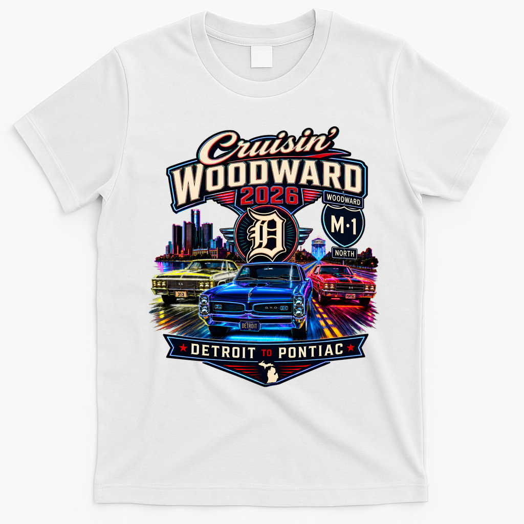 Cruisin' Woodward M1 2026 Detroit To Pontiac Neon T-Shirt - White