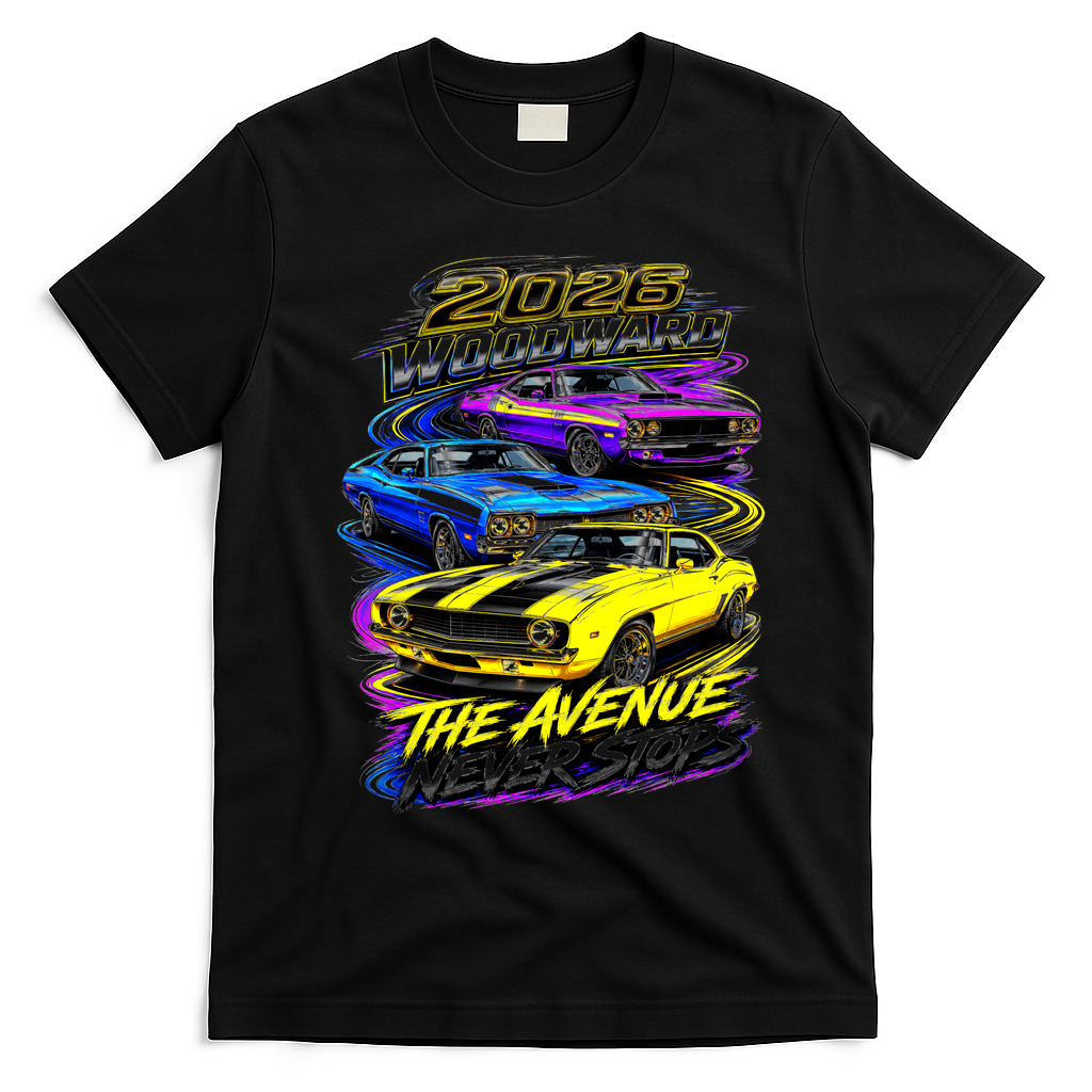 2026 Woodward Avenue Car Show Vintage Muscle Cars Art T-Shirt - Black