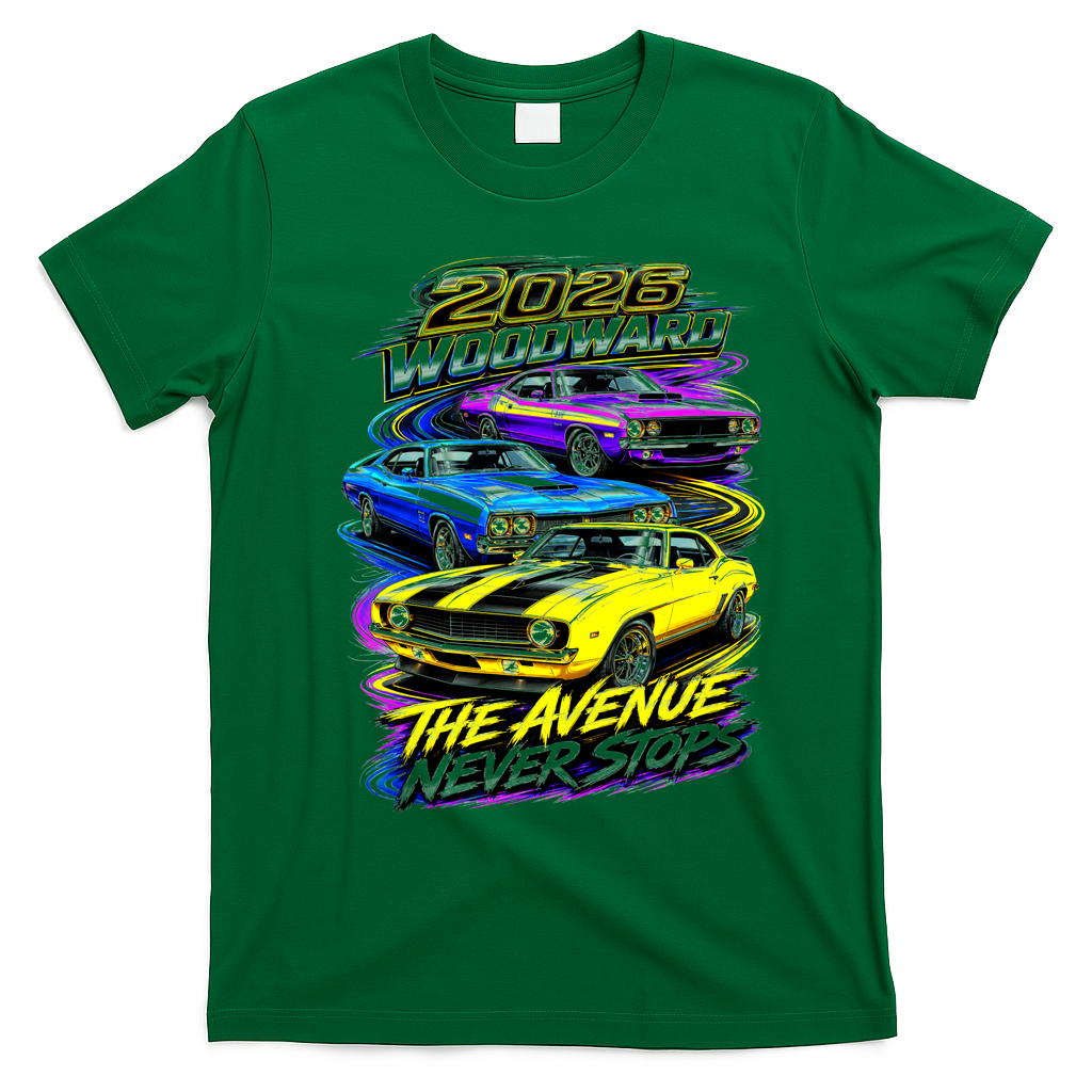 2026 Woodward Avenue Car Show Vintage Muscle Cars Art T-Shirt - Irish Green