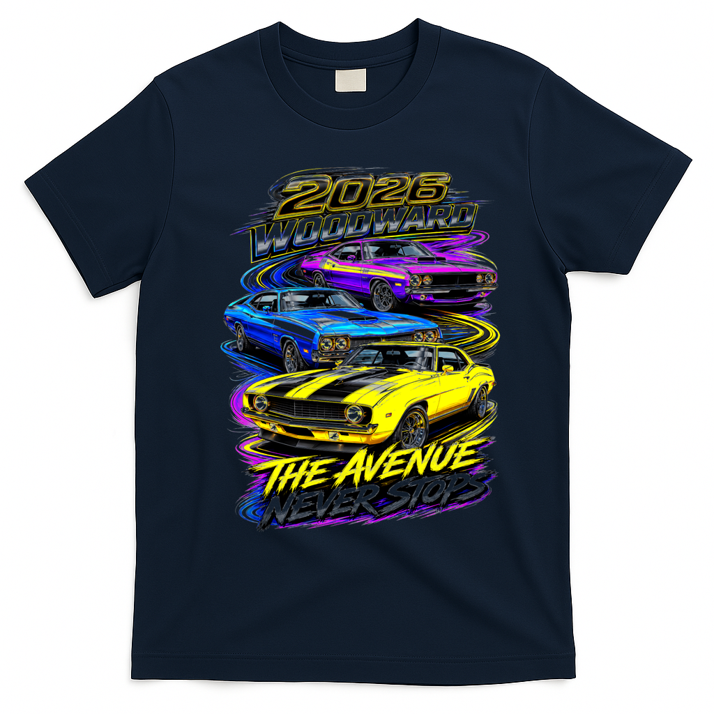 2026 Woodward Avenue Car Show Vintage Muscle Cars Art T-Shirt - Navy Blue