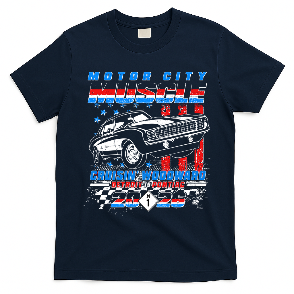 2026 Motor City Muscle USA Cruisin Woodward M1 T-Shirt - Navy Blue