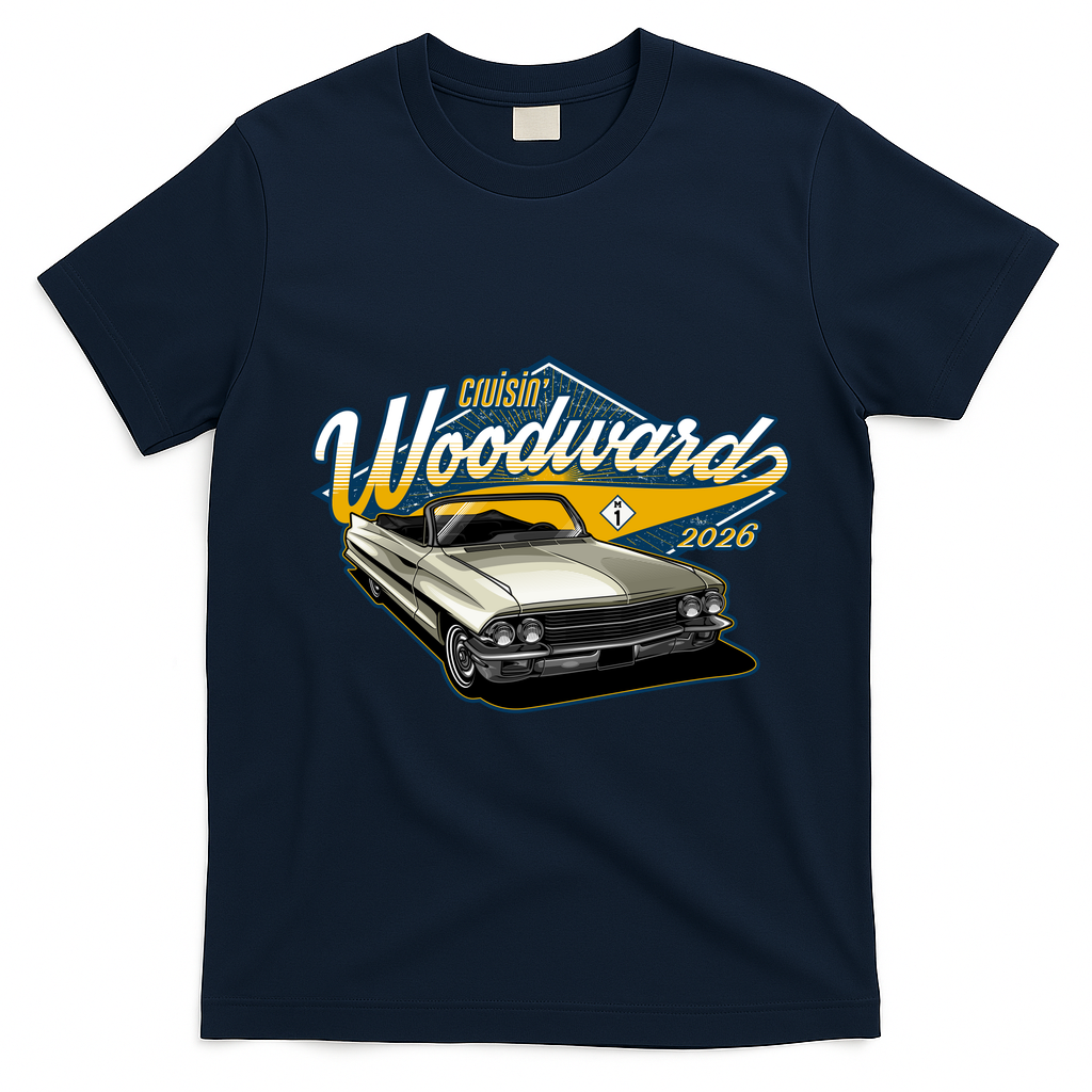 2026 Crusin' Woodward M1 Car Cruise Chrome Classic T-Shirt - Navy Blue