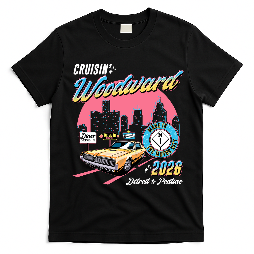 2026 Made In Motor City: Yellow Cadi Nights Woodward Ave T-Shirt - Black
