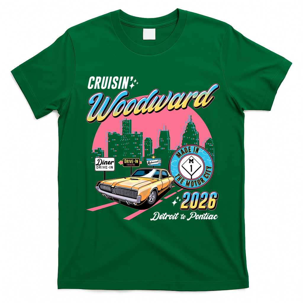2026 Made In Motor City: Yellow Cadi Nights Woodward Ave T-Shirt - Irish Green