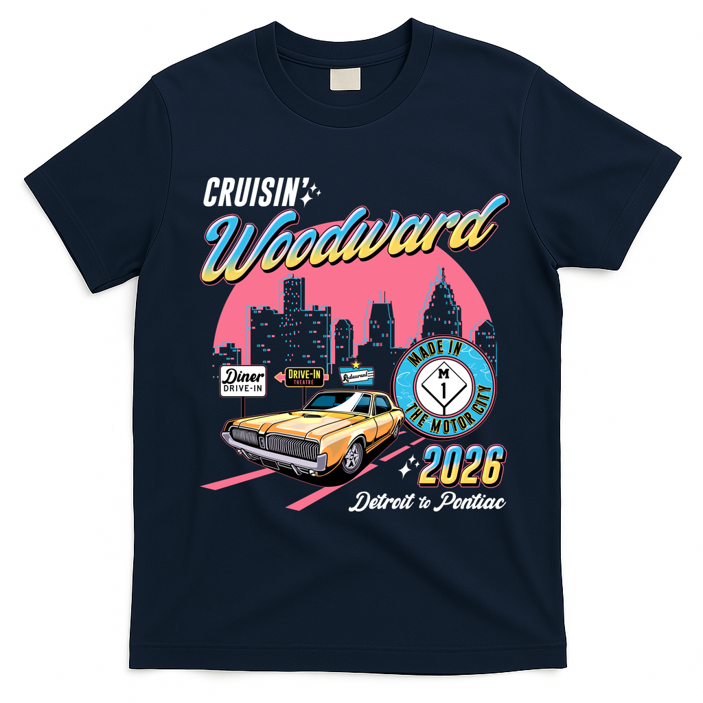 2026 Made In Motor City: Yellow Cadi Nights Woodward Ave T-Shirt - Navy Blue