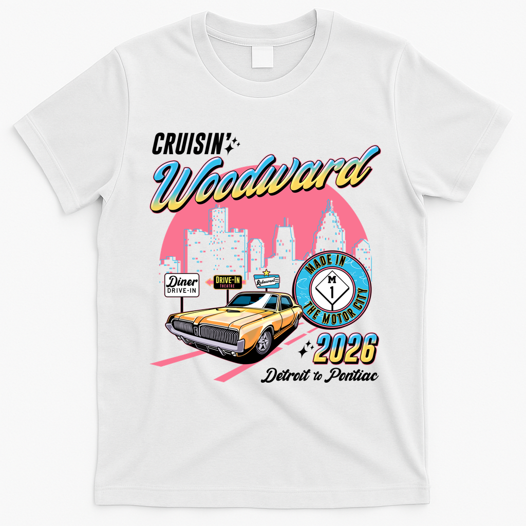 2026 Made In Motor City: Yellow Cadi Nights Woodward Ave T-Shirt - White