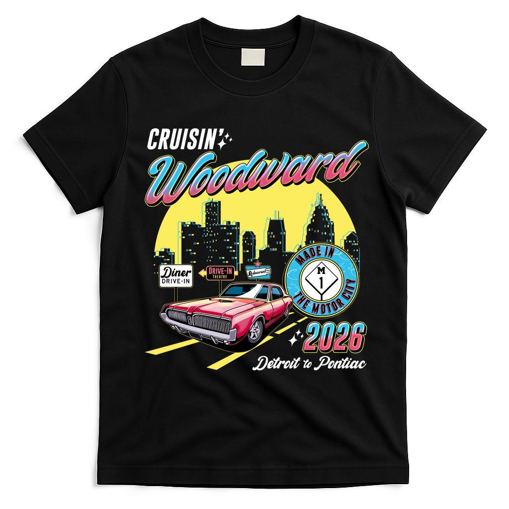 2026 Made In Motor City: Pink Cadi Nights Woodward Ave T-Shirt - Black