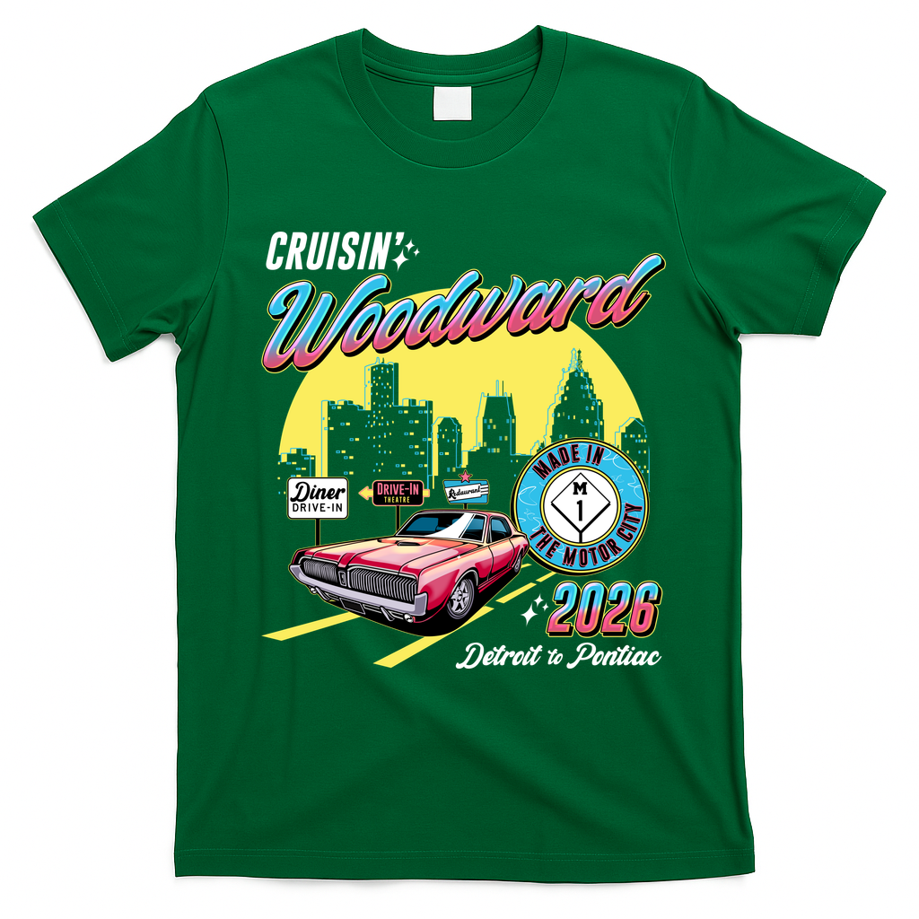 2026 Made In Motor City: Pink Cadi Nights Woodward Ave T-Shirt - Irish Green