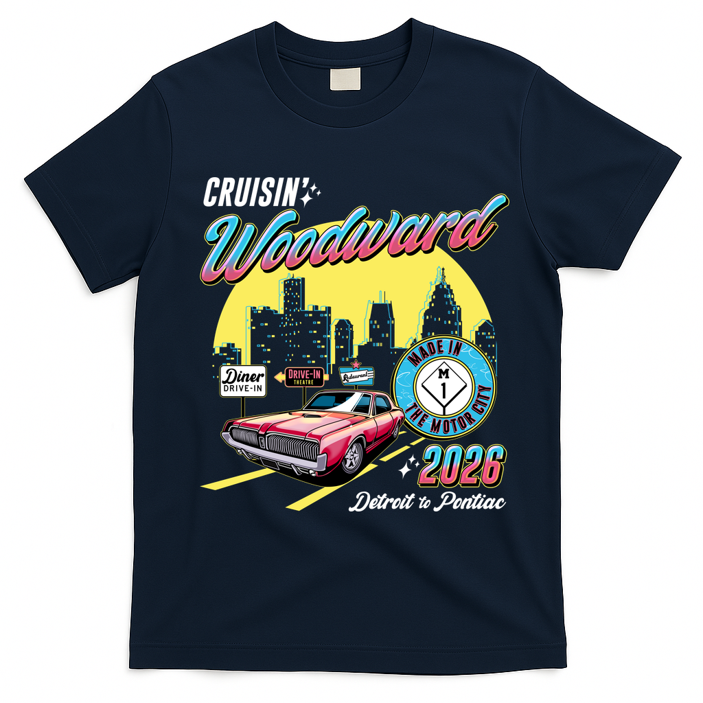 2026 Made In Motor City: Pink Cadi Nights Woodward Ave T-Shirt - Navy Blue