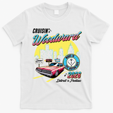 2026 Made In Motor City: Pink Cadi Nights Woodward Ave T-Shirt - White
