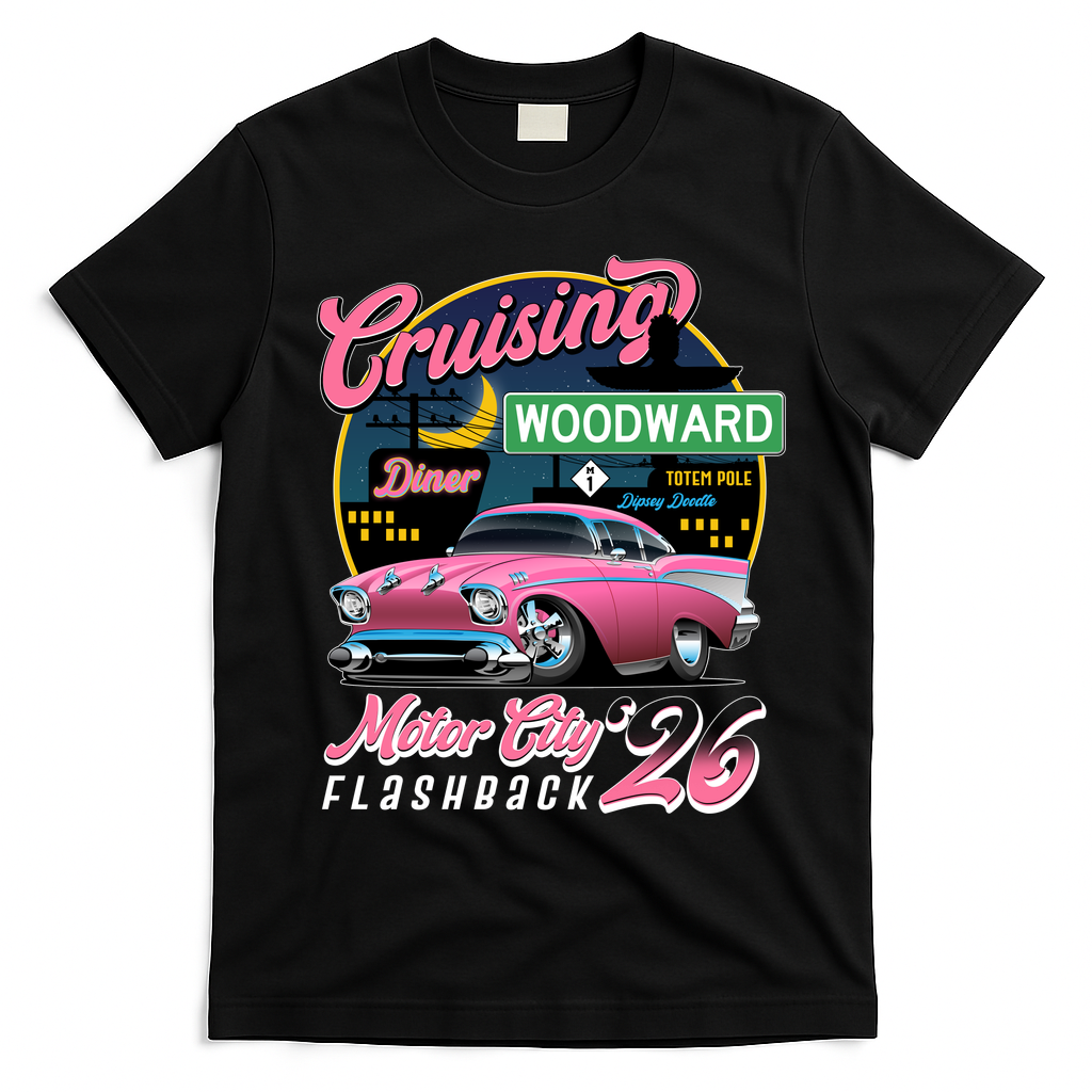 2026 Crusing M1 Woodward Flashback: Pink Night Cruise T-Shirt - Black