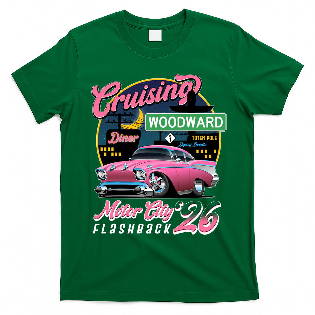 2026 Crusing M1 Woodward Flashback: Pink Night Cruise T-Shirt - Irish Green