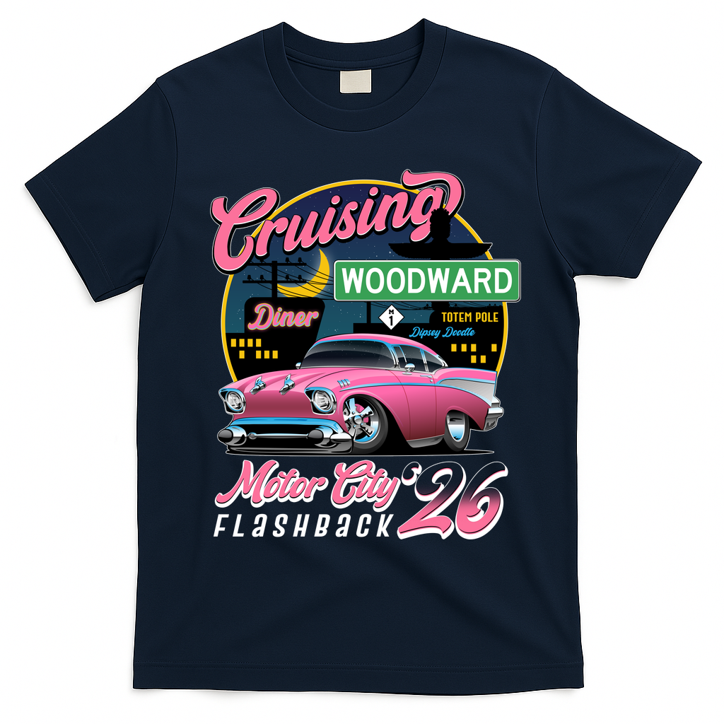 2026 Crusing M1 Woodward Flashback: Pink Night Cruise T-Shirt - Navy Blue
