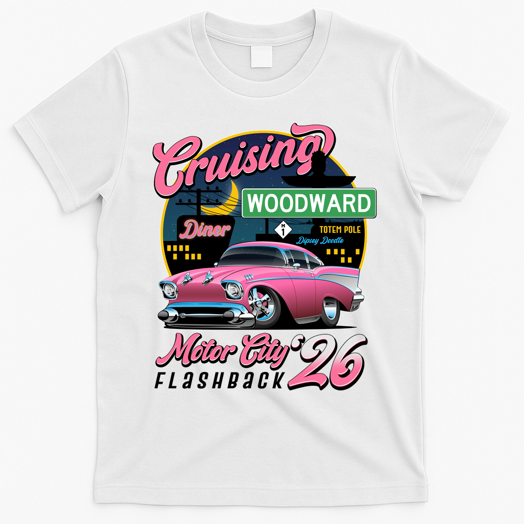 2026 Crusing M1 Woodward Flashback: Pink Night Cruise T-Shirt - White