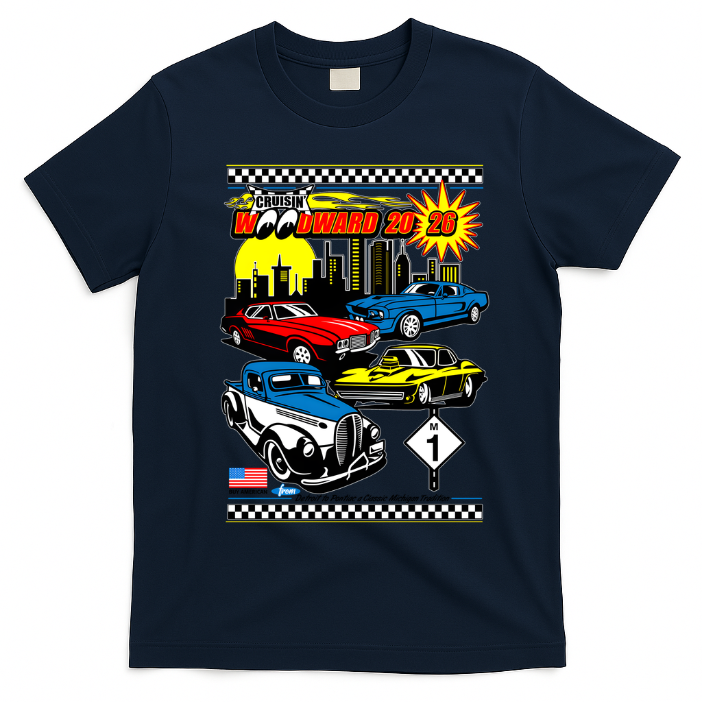 Cruisin Woodward 2026 Retro Car Event Graphic T-Shirt - Navy Blue