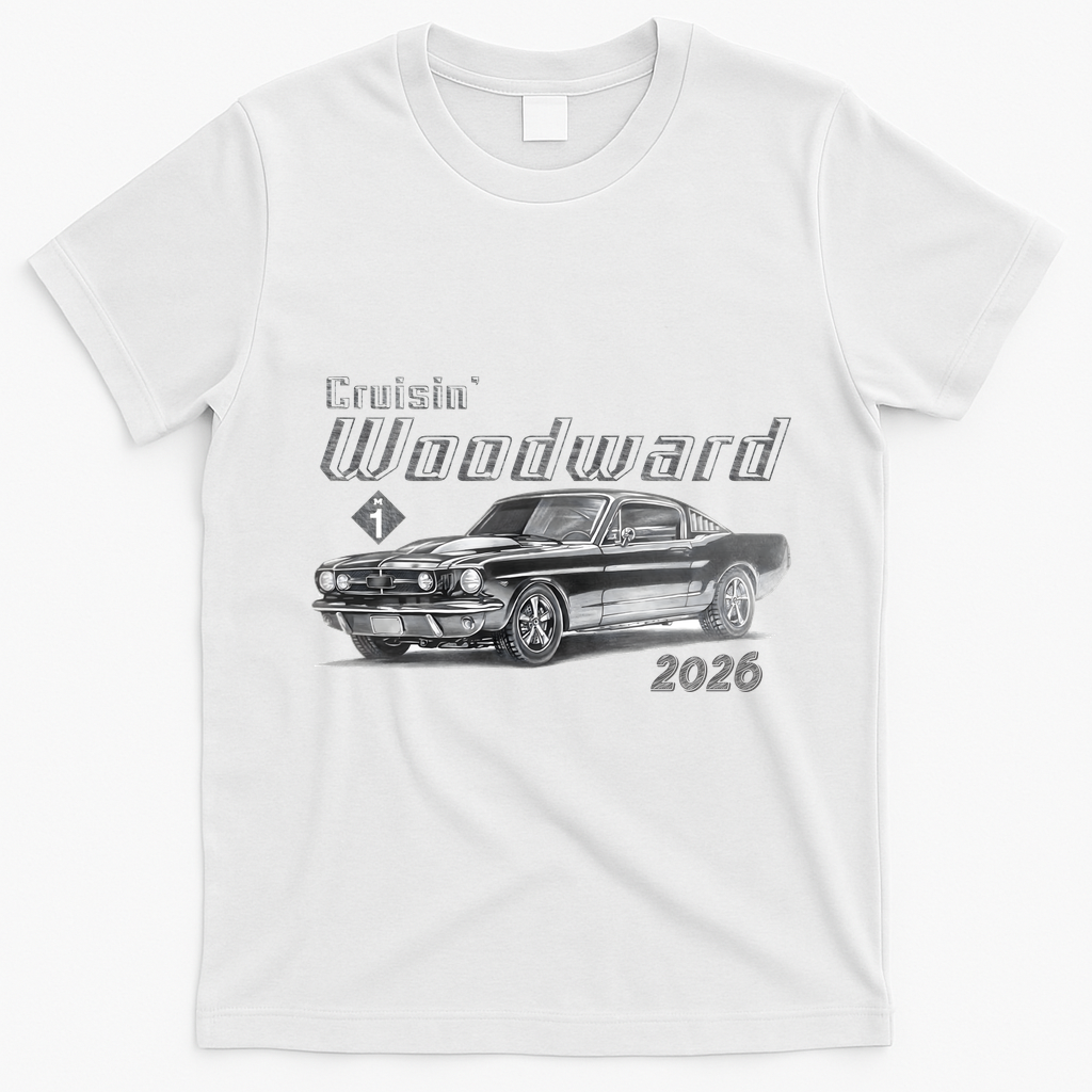 2026 Woodward Ave Car Cruise Sketch T-Shirt - White