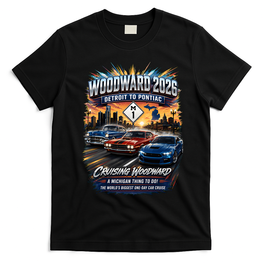 Cruising Woodward 2026 Detroit to Pontiac Car Event T-Shirt - Black
