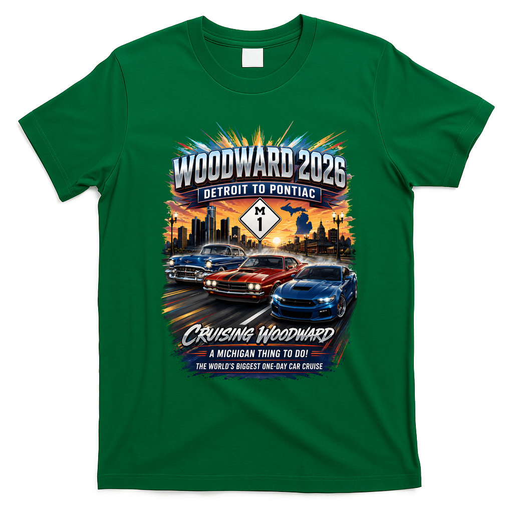Cruising Woodward 2026 Detroit to Pontiac Car Event T-Shirt - Irish Green