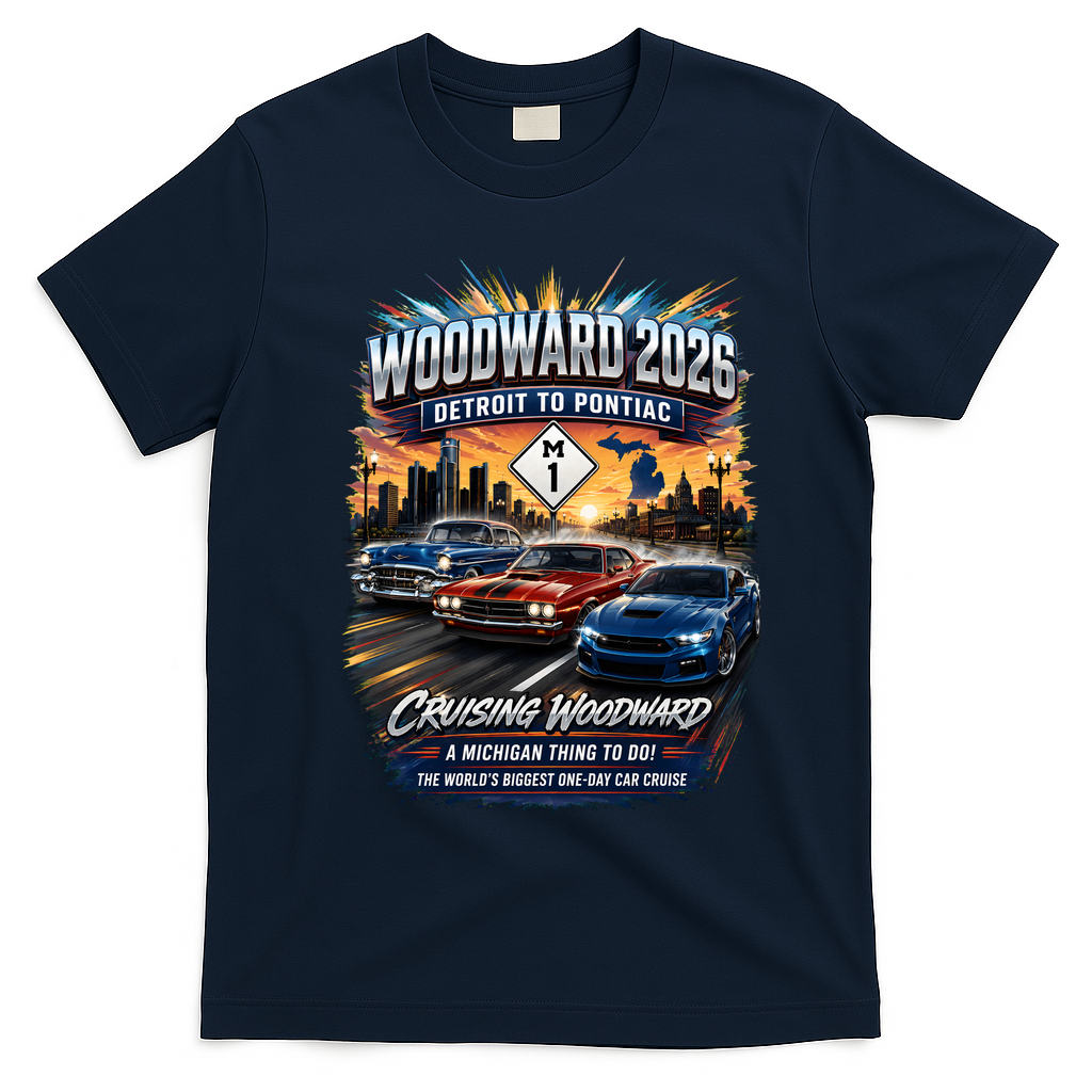 Cruising Woodward 2026 Detroit to Pontiac Car Event T-Shirt - Navy Blue